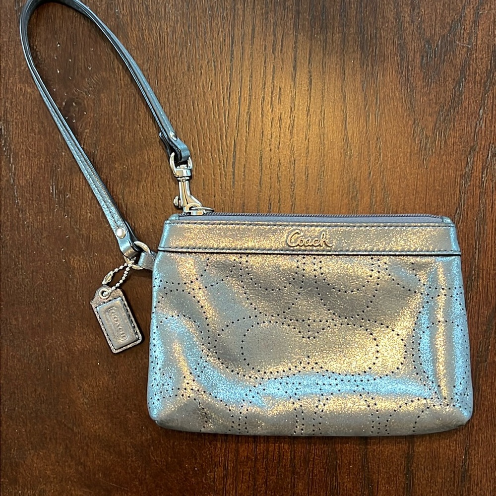 Coach Signature C Metallic Silvery Grey Leather Wristlet